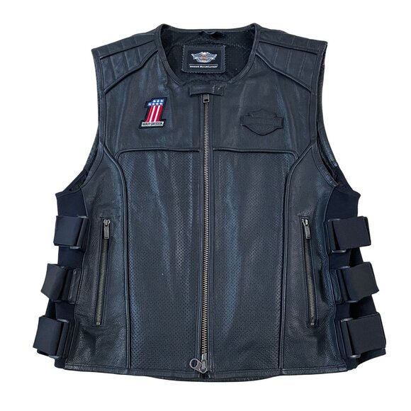 Harley-Davidson SWAT Vest Men's Size XL Black Leather Motorcycle Riding Patches - Picture 1 of 7
